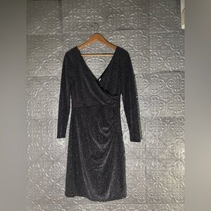 RALPH LAUREN Green Label Metallic Long Sleeve V Neck Midi Evening Party Dress